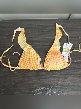 Lucky Brand Summer Riot ruffle bralette bikini top orange yellow plaid pattern